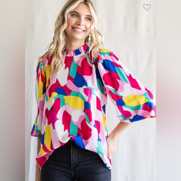 JODIFL Tops - Jodifl Fuchsia Mix Abstract Print Long Poet Sleeve Top